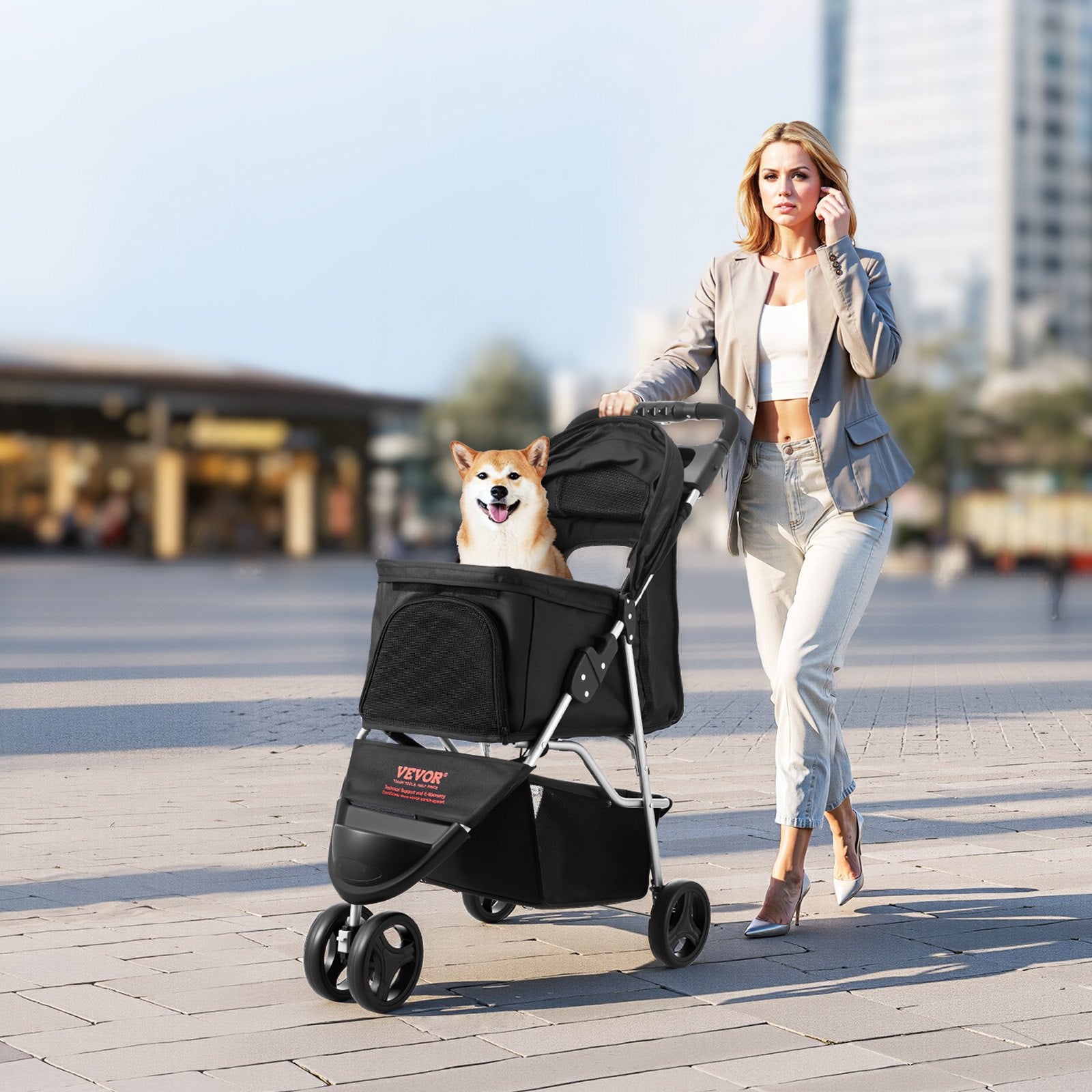 Pet Stroller Foldable 3 Wheels Dog Stroller With Brake Up To 35lbs Travel Camp Pet Essentials-6
