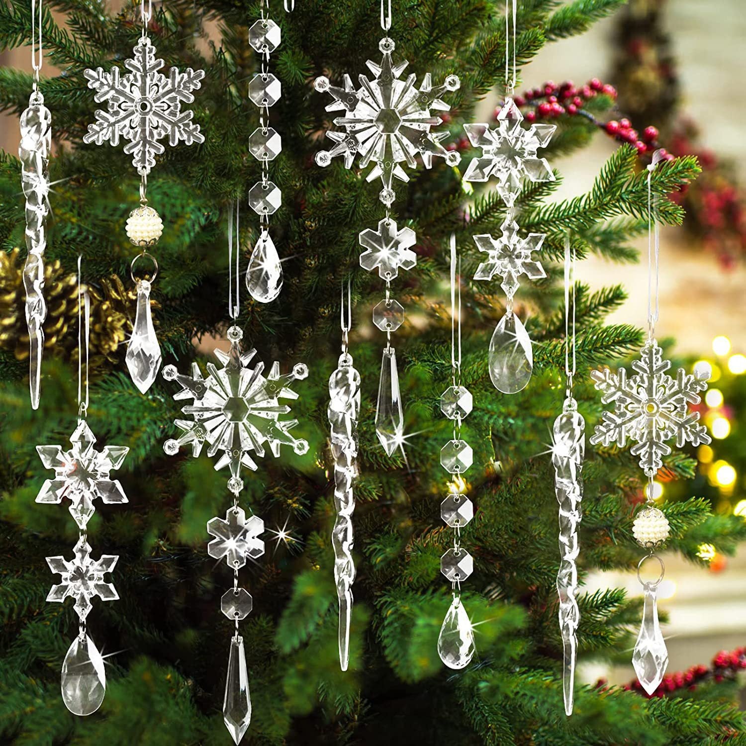 10pcs Christmas Tree Hanging Pendants Acrylic Ice Strip Snow Ceiling Xmas Ornaments New Year Christmas Decoration Home Decor Pet Essentials-6
