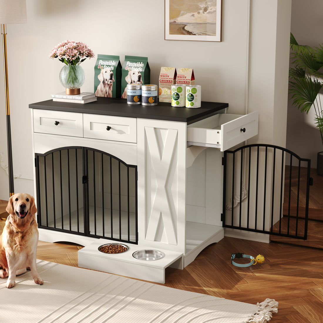 GO 43.3 Farmhouse Dog Crate Furniture, Heavy Duty Dog Crate With 3 Drawers, Indoor Wooden Dog Kennel With Removable Feeder, Dog Cage End Table For  Medium Large Dogs, White Pet Essentials-6